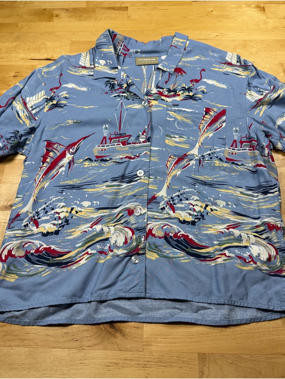 Vintage Liz Claiborne Lizwear Nautical Sailboat and Marlin Hawaiian Style Shirt